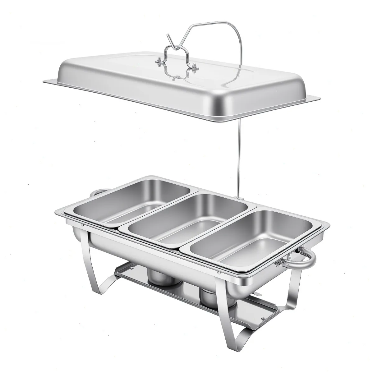 Plat de service carré à 3 compartiments avec couvercle suspendu, chauffe-plat en acier pour restaurant, mariage, banquet, buffet