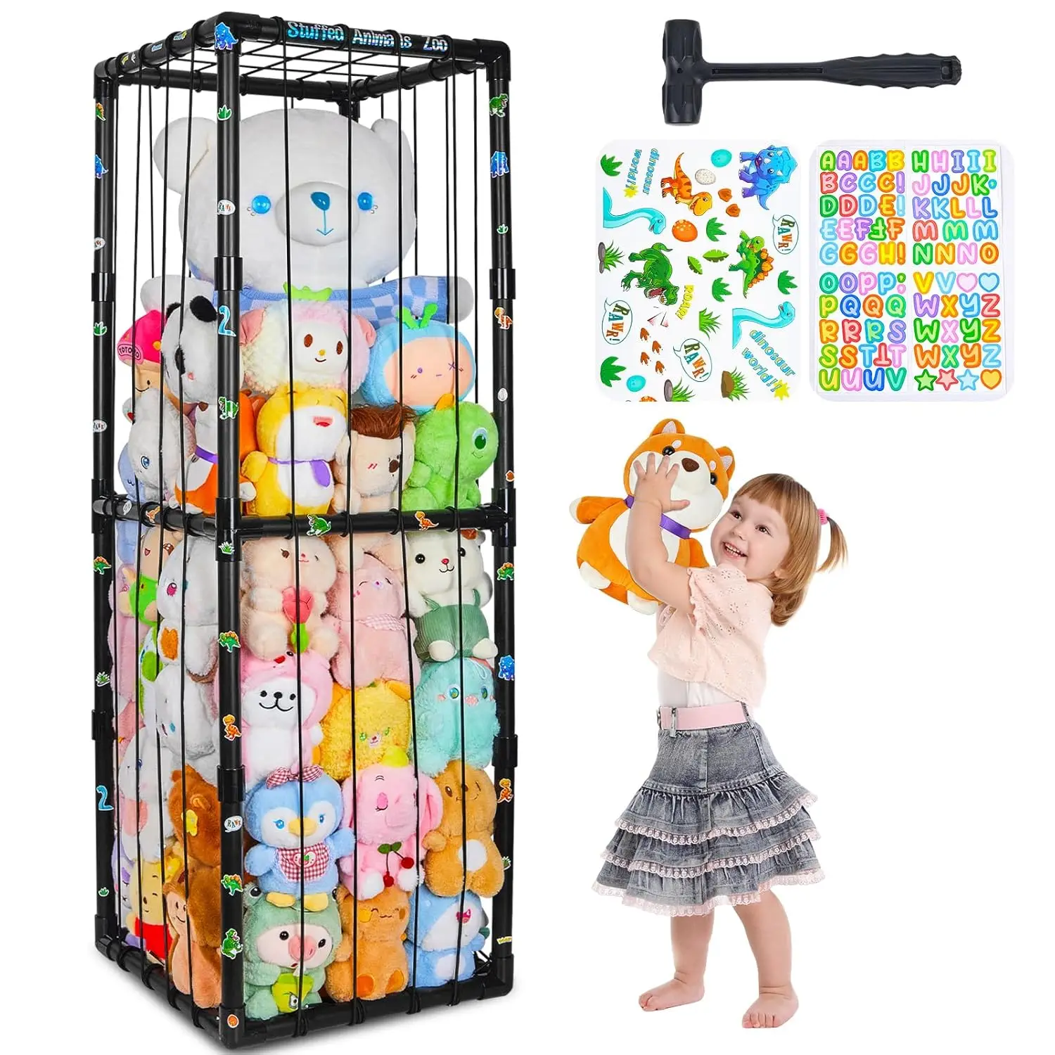 

Large Stuffed Animal Storage Zoo, 16x16x58" Thick PVC Tube Organizer with Elastic Bands, Black