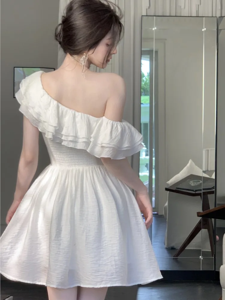 妖精エレガントなフリルパーティードレス女性無地 A ライン誕生日傾斜肩イブニング韓国ウエディングドレスホリデー女性ローブ