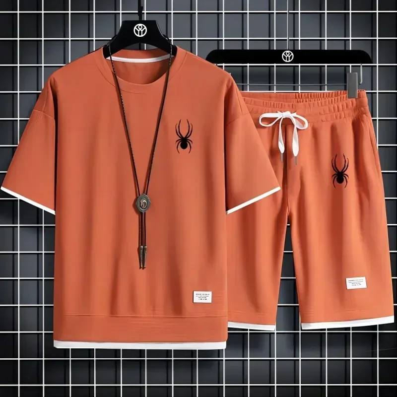 เกาหลี Spider ผู้ชายแขนสั้นเสื้อยืดและกีฬากางเกงขาสั้นฤดูร้อนชุดลําลอง Joggers ชุดผู้ชาย 2 ชิ้น