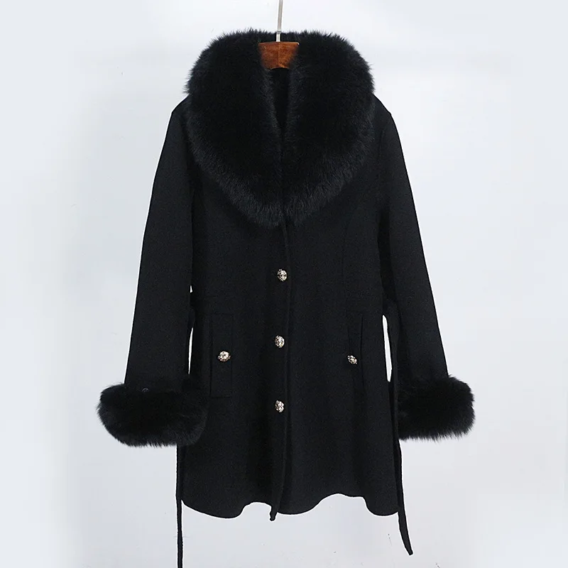 Hot Selling 2023 New Autumn Winter Mid Length Thickened Warm Detachable Fox Fur Collar Wool Coat Slim Fashion Jacket for Women