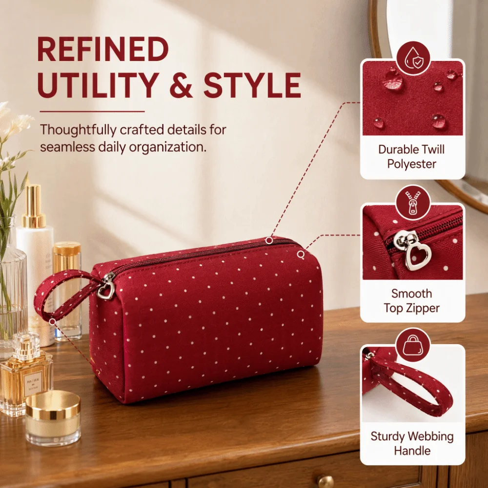 Polka Dot Cosmetic Bag Large Capacity Splash Resistant Toiletry Pouch Lightweight Zipper Closure Makeup Handbag Daily Use