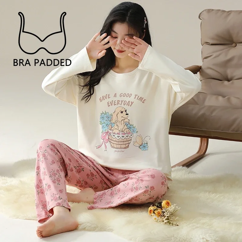 New Autumn Sweet Woman Pajamas with Bra Pads Long Sleeves Pants Pijamas Fashion Soft Homewear Woman Fox Print Sleepwear