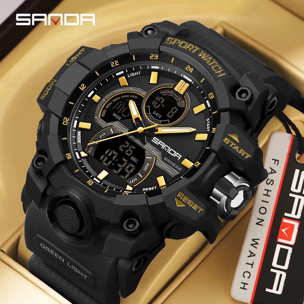 

SANDA 6198 dual screen outdoor sports large dial waterproof quartz watch multifunctional LED electronic digital men's watch