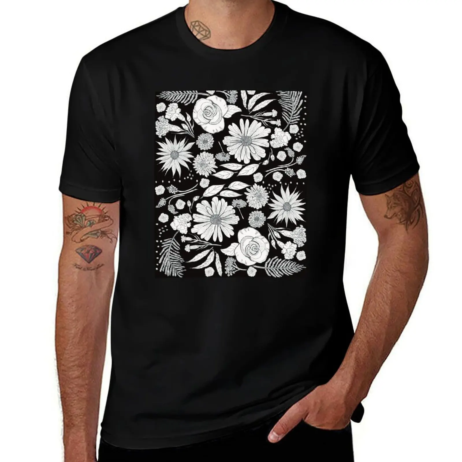 Floral Medley in Bloom White on Black T-Shirt t shirts for man slim fit T-Shirt