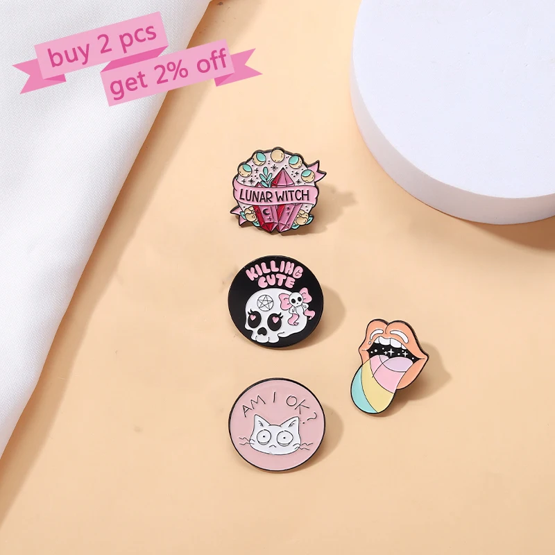 Pink Punk Enamel Pins Custom Witch Bear Tongue Ghost Call Brooches Lapel Badges Gothic Halloween Jewelry Gift for Friends