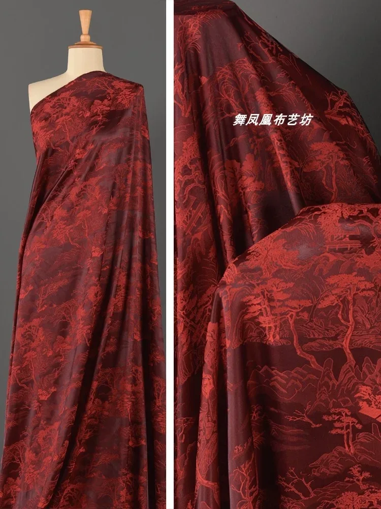 Imitation Acetate Satin Fabric Jacquard Wine Red Soft and Smooth Cheongsam Top Cloth Apparel Sewing By Meters Diy Material