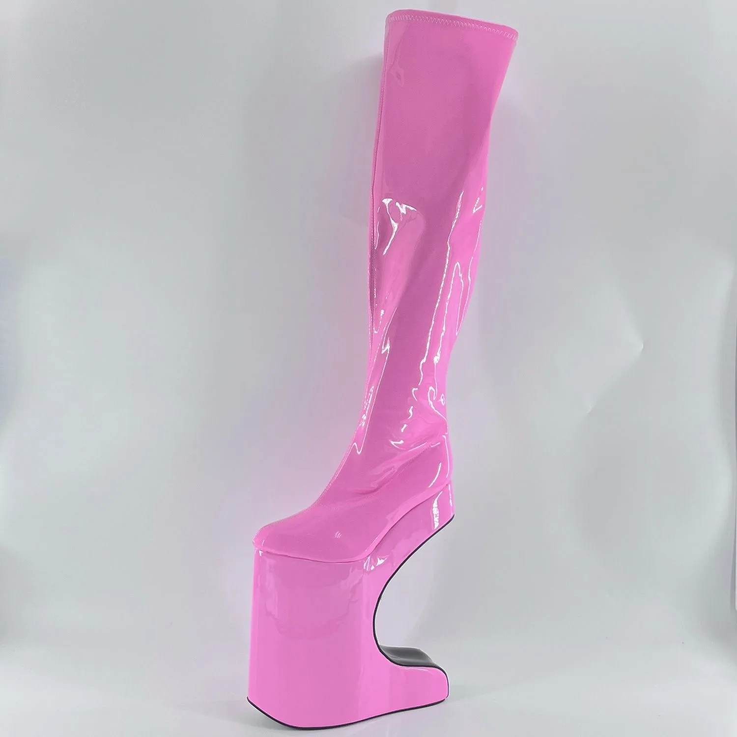 Ultra high heels 30CM, European and American sexy curved bow shaped over knee boots, wrapped shoes, pink mirror surface, large s