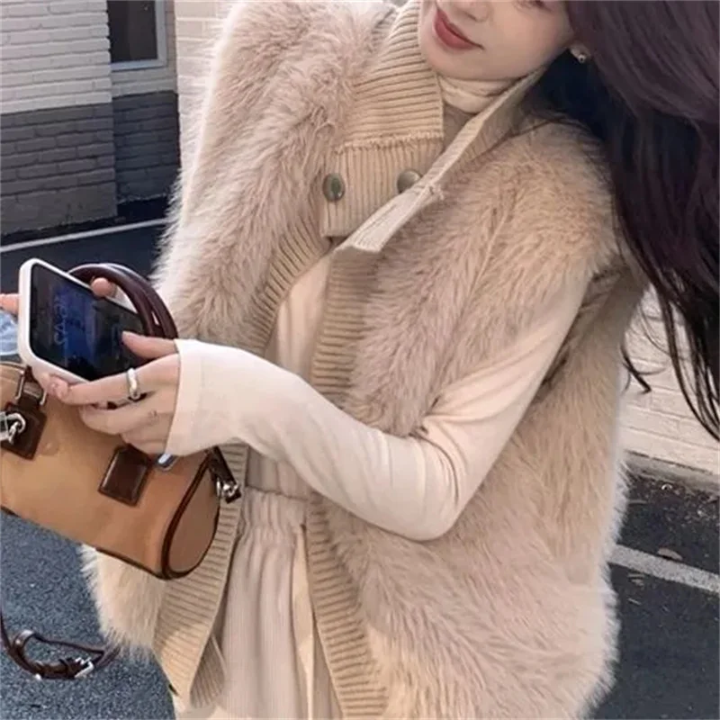 Stand Up Collar Knitted Patchwork Vest Women Vest Korean Autumn Winter New Loose Plush Vest With Vest Shoulder Sleeveless Jacket