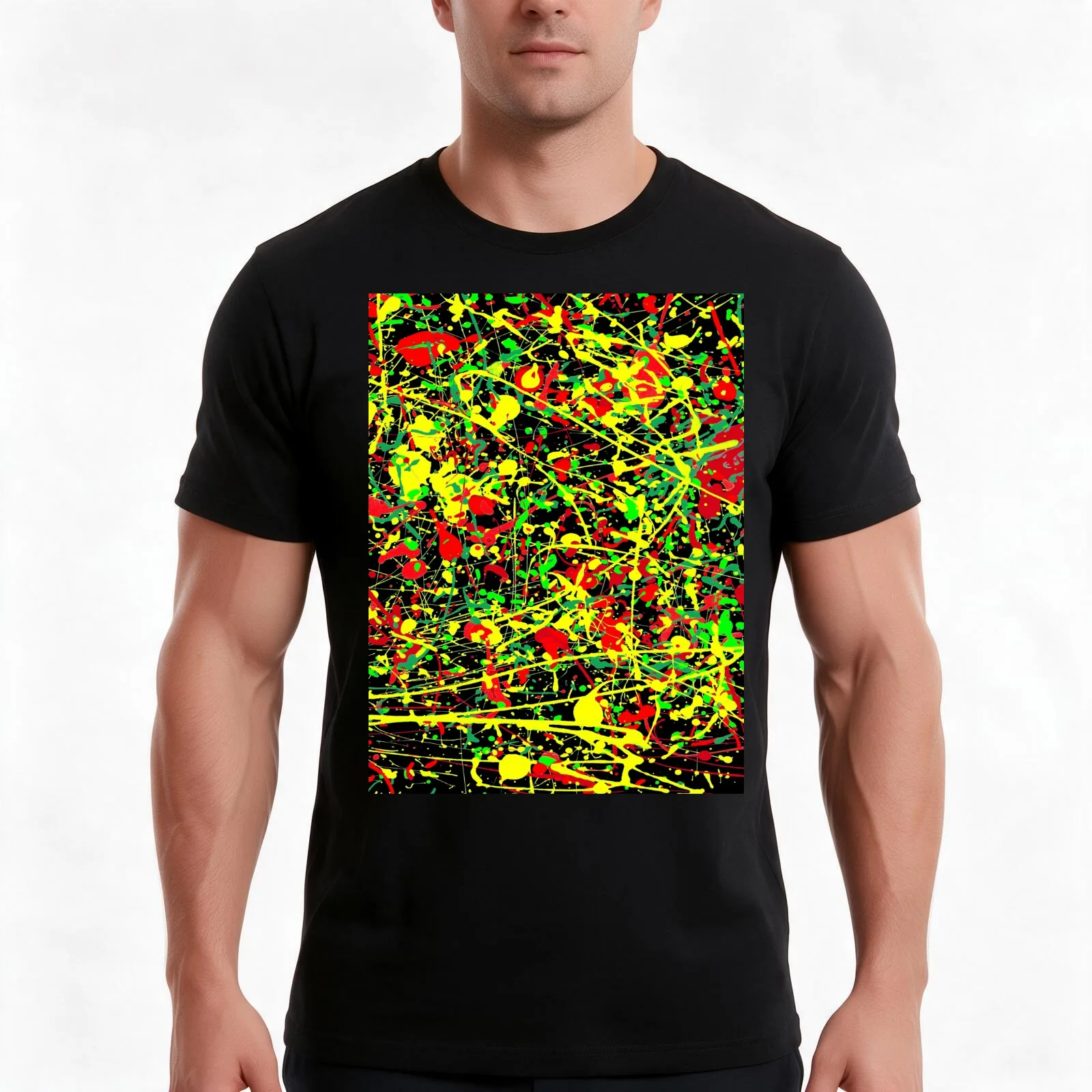 Rasta Splattered Paint in Jackson Pollock Style T-Shirt, Summer Casual Cotton Tee, Oversized Streetwear Tops, Unisex Men Women