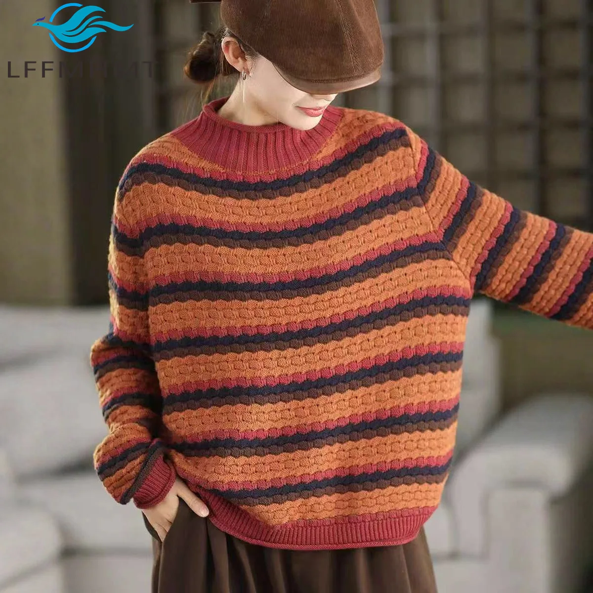 Winter Fall Vintage Sweater for Women Good Quality Classical Striped Cotton Yarn Half High Neck Long Sleeve Pullover Knited Tops