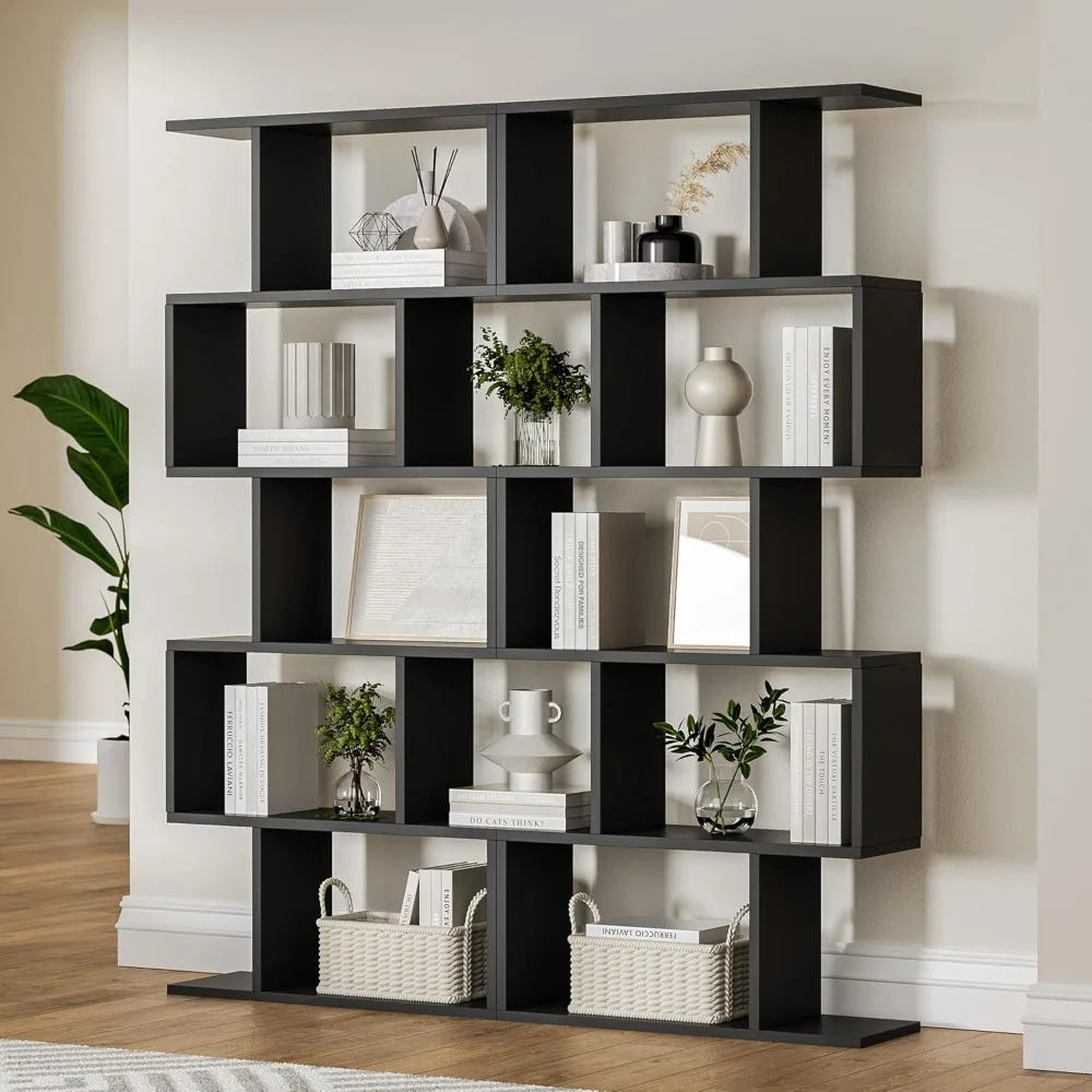 Black 5-Tier Geometric Bookcase, S-Shaped Modern Bookshelf Set of 2, 62.6