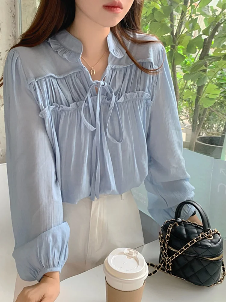 Woherb 2024 Blusas Mujer Korean Chic White Blouse for Women V Neck Sweet Ruffles Shirts Long Sleeve Loose Elegant Blouses Tops