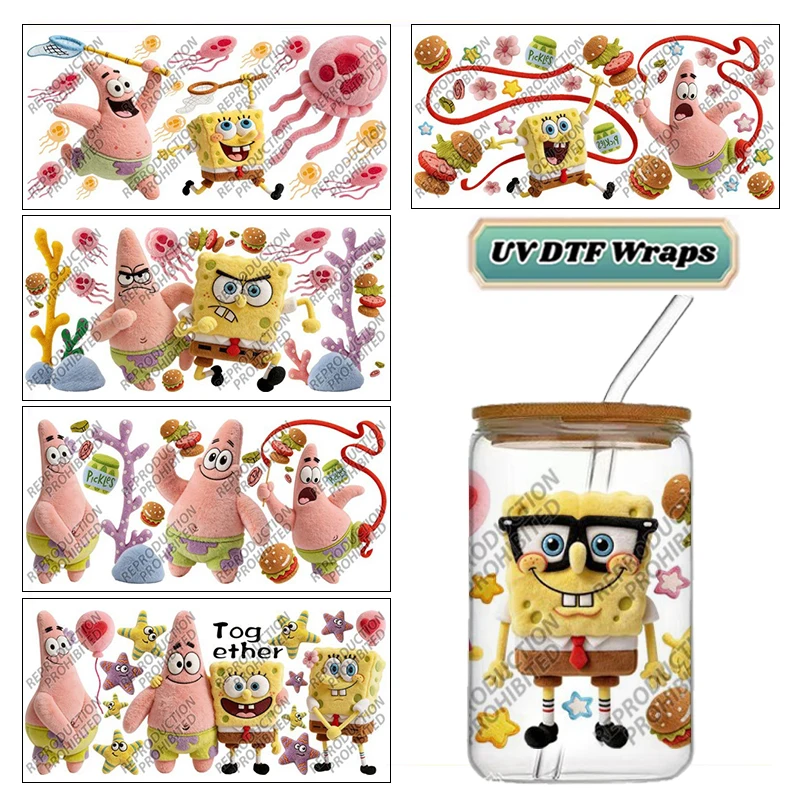 Funny Cartoon Sponge Starfish UV DTF Cup Wrap Waterproof Cold Transfer Sticker for 16oz Libbey Glass Can DIY Gift Decor