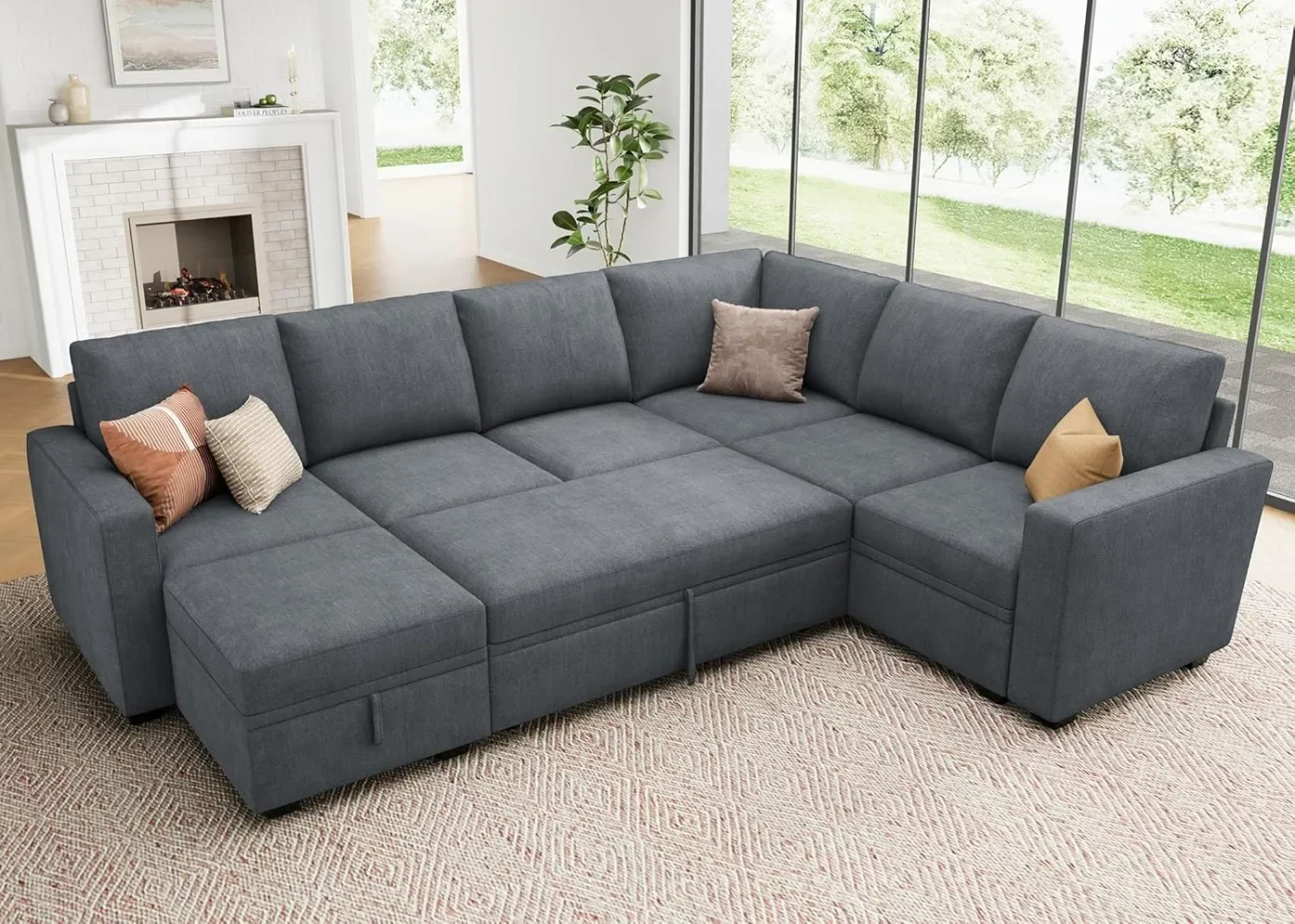 Modular Sectional Couch with Pull Out Bed, Chenille Sleeper Sofa with Storage Seats Ottoman, U Shaped Sectional Couches for