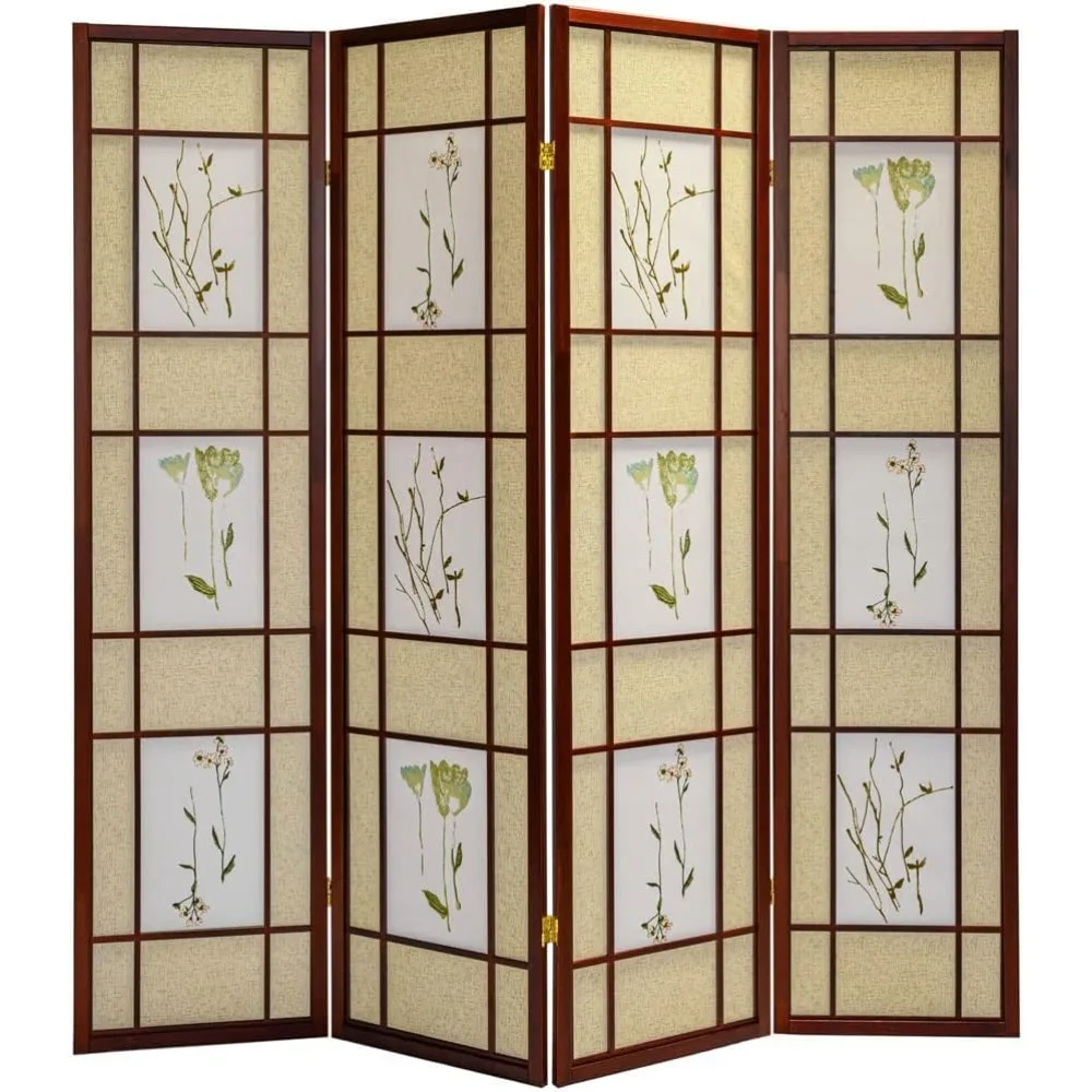 4 Panel Room Divider Privacy Screen Botanical Floral Accented Cherry Color 71 Tall x 70” inches Wide