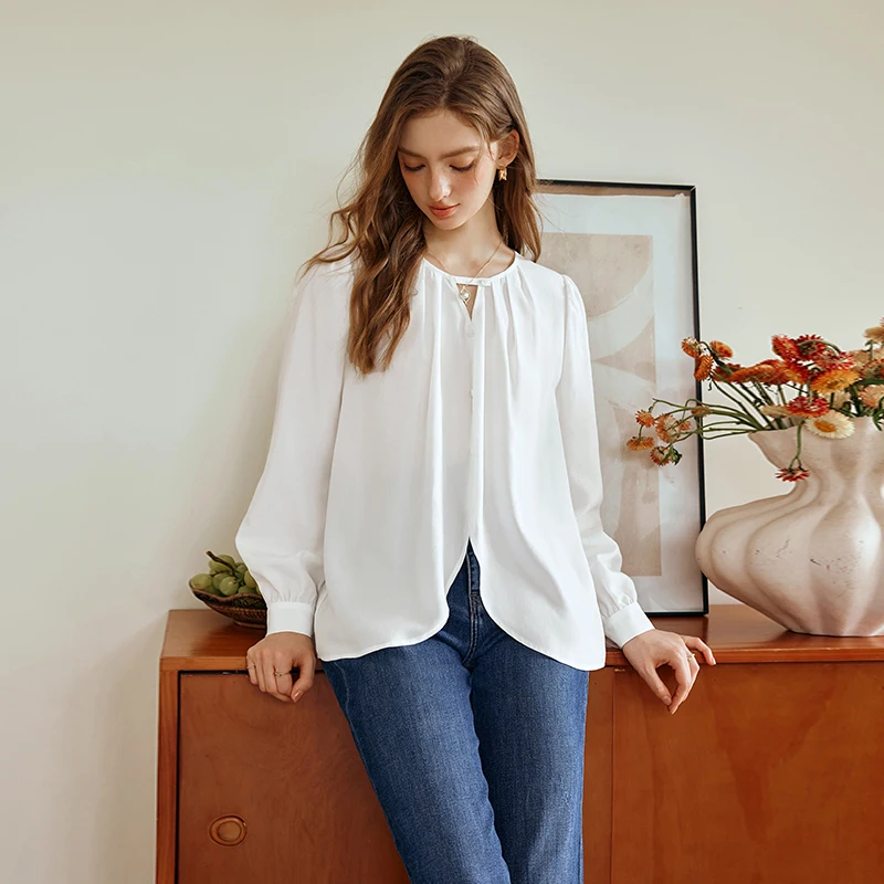 

OLrain простые шифоновые рубашки женские осень 2025 пуловеры с круглым вырезом блузки элегантные однотонные свободные топы с пышными рукавами G24CX89983