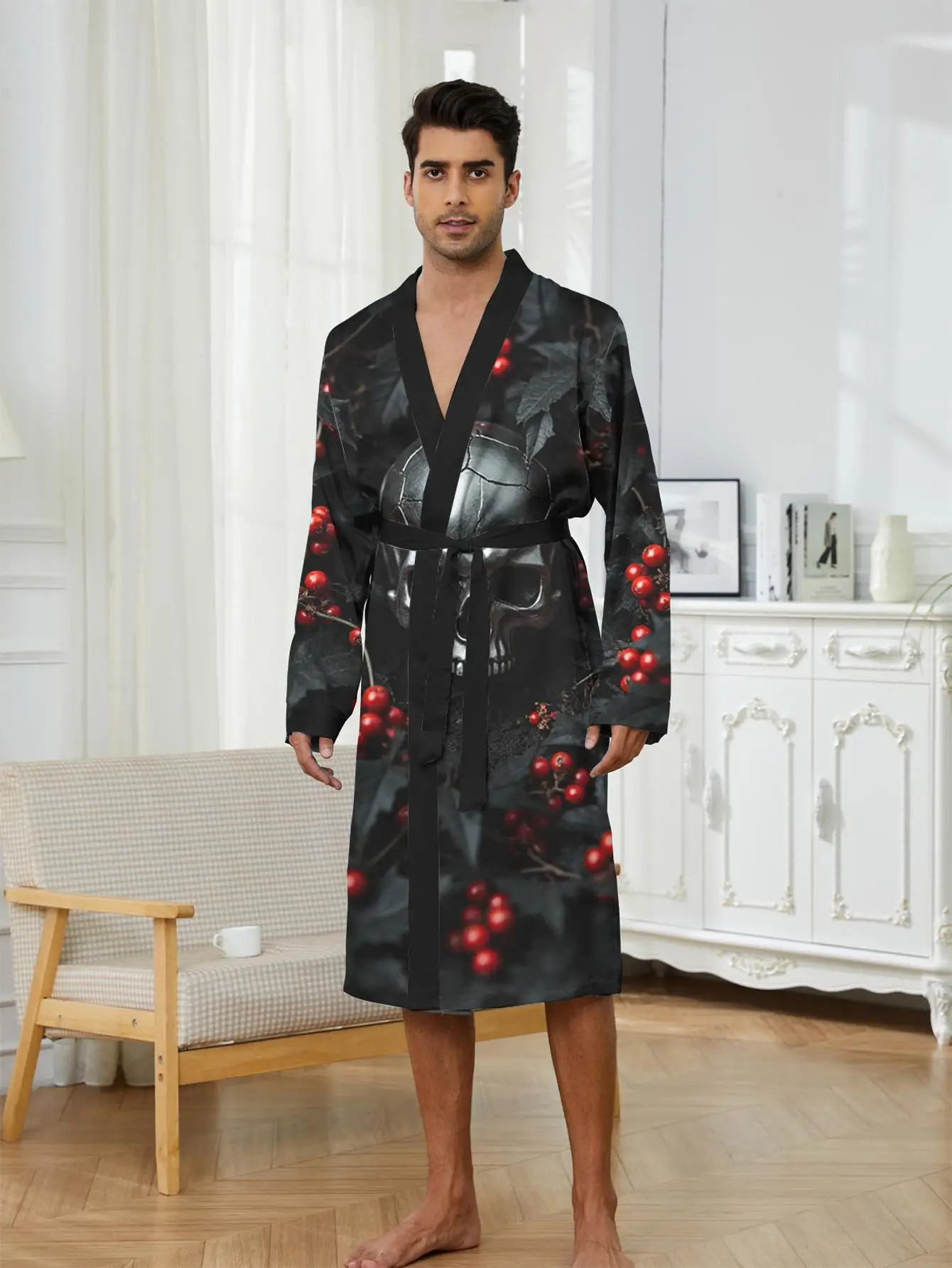 1pc Men'S Robes 2026 Spring/Summer Robes Dressing Gown Long Nightgown Sleepwear Polyester Bathrobe Men 3D Printed Graphic
