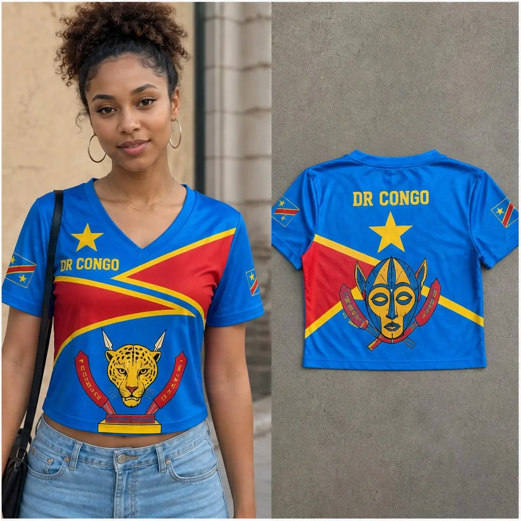 Womens DR Congo V Neck Short Sleeve Crop Top Leopard Mask Star Graphic Casual Summer Shirt for Street Travel Holiday Daily Looks