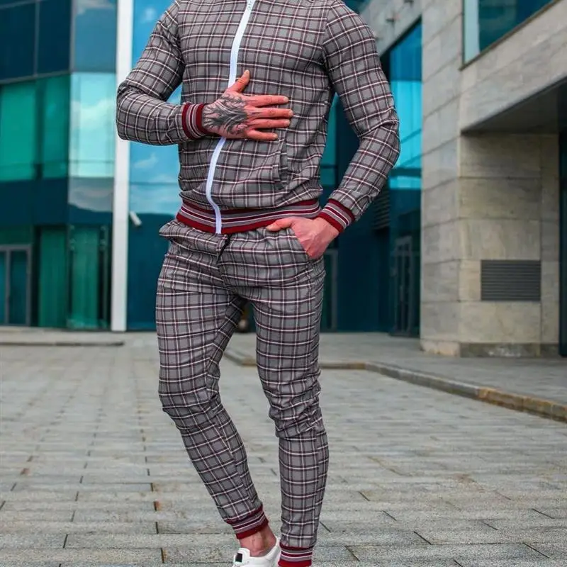 

Men's Casual Sports Set Thin Plaid Faion Zipper Jaet Long Pants 3D Set Autumn Season Long Sve Long Pants Leisure Sport...
