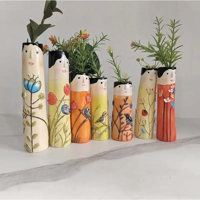 Spring Family Bud Vases Hand Painted Vase with Cute Character Bohemian Flower Plant Holder Boho Resin Vase Funny Humanoid Family