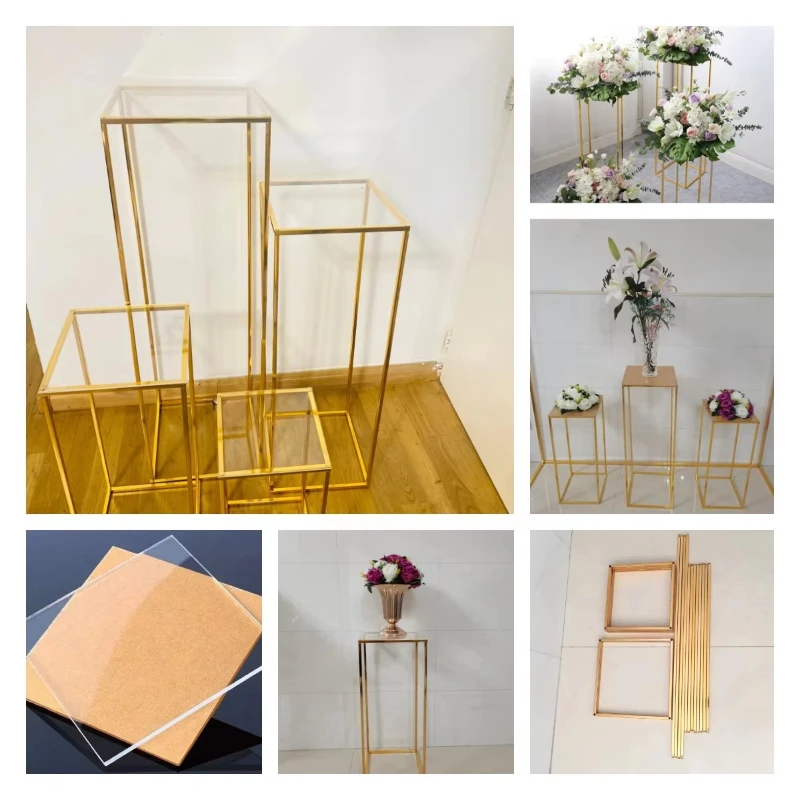 

4-8pcs Shiny Gold Iron Plinths Pillar Cake Holder Metal Frame Backdrops Wedding Centerpiece Flower Stand Home Crafts Rack Decor