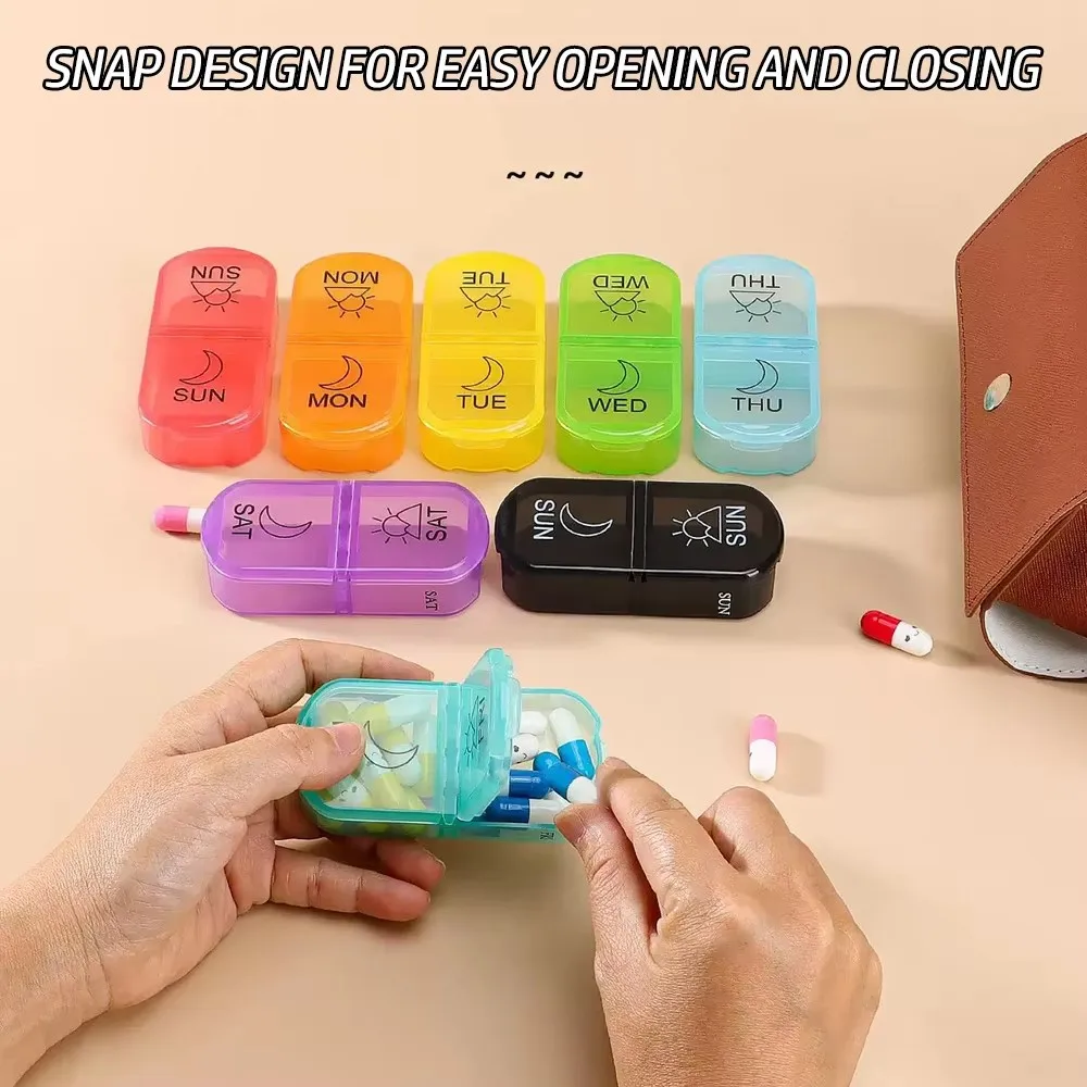 Leather Weekly Pill Organizer Box Travel Medication Reminder 7 Compartments AM PM Day Night Carrying Case for Daily Use