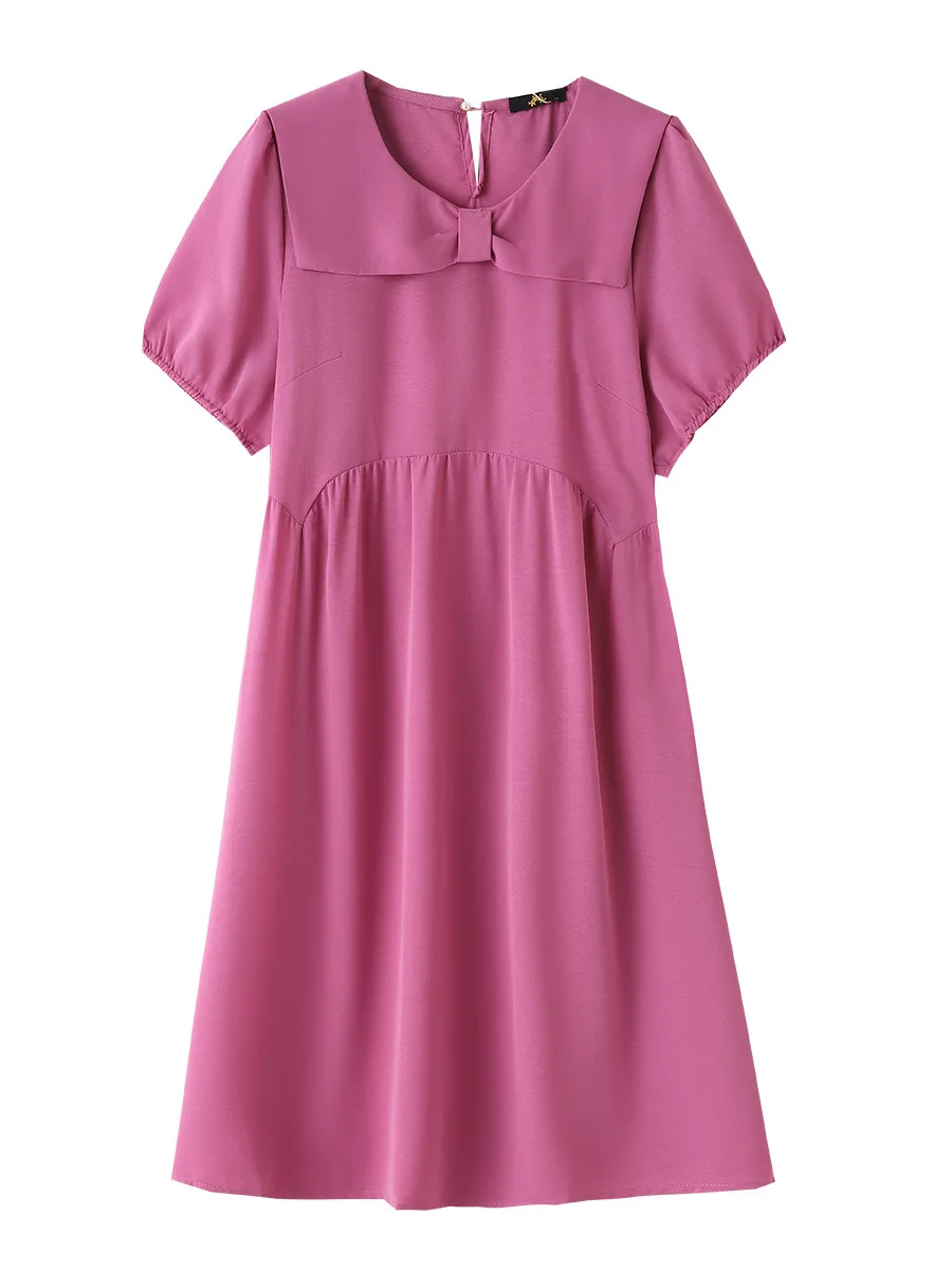 150Kg Plus Size Women\'s Bust 150 Summer Loose Bow Short-Sleeved Doll Collar A-Line Dress Black Rose-Red 5XL 6XL 7XL 8XL 9XL