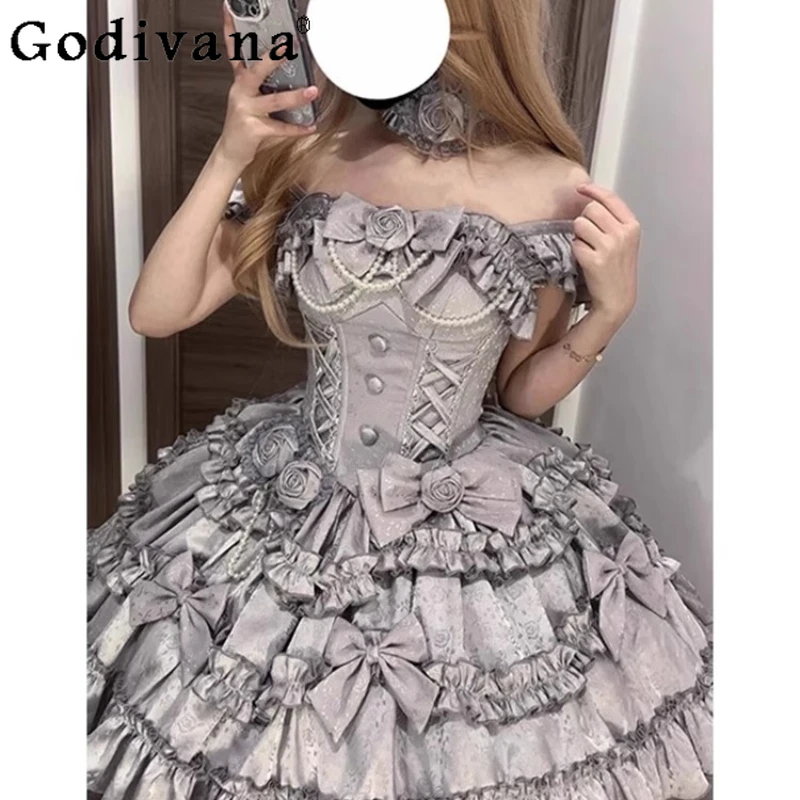 

Silver Gothic Style Rose Lolita Bow Dress Women's Elegant Waist Slimming Sweet Dress Female Cute Princess Daily Wear Dress