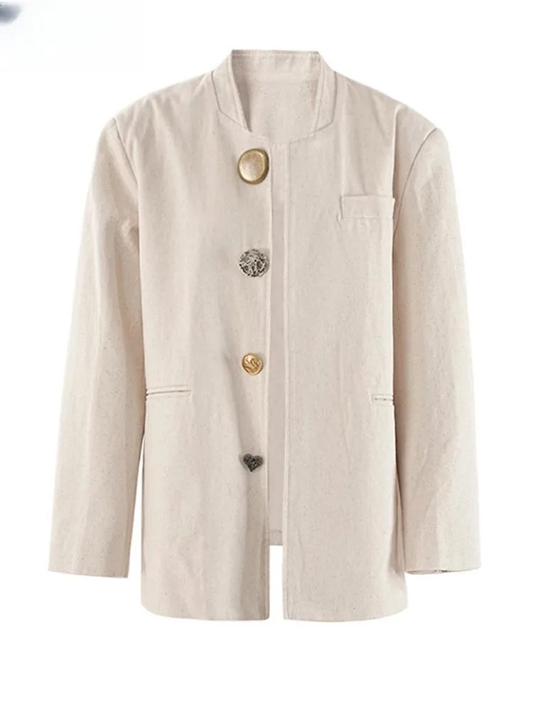 

Women Beige Design Buttons Big Size Elegant Blazer Newest Stand Collar Long Sleeve Jacket Fashion Spring Autumn2025 blazer mujer
