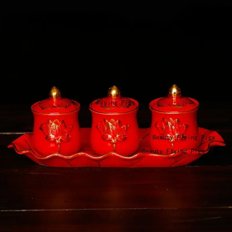 Chinese ceramic Guanyin water supply cup, three supply cups, Buddha cup offering ornaments feng shui  Buddhism