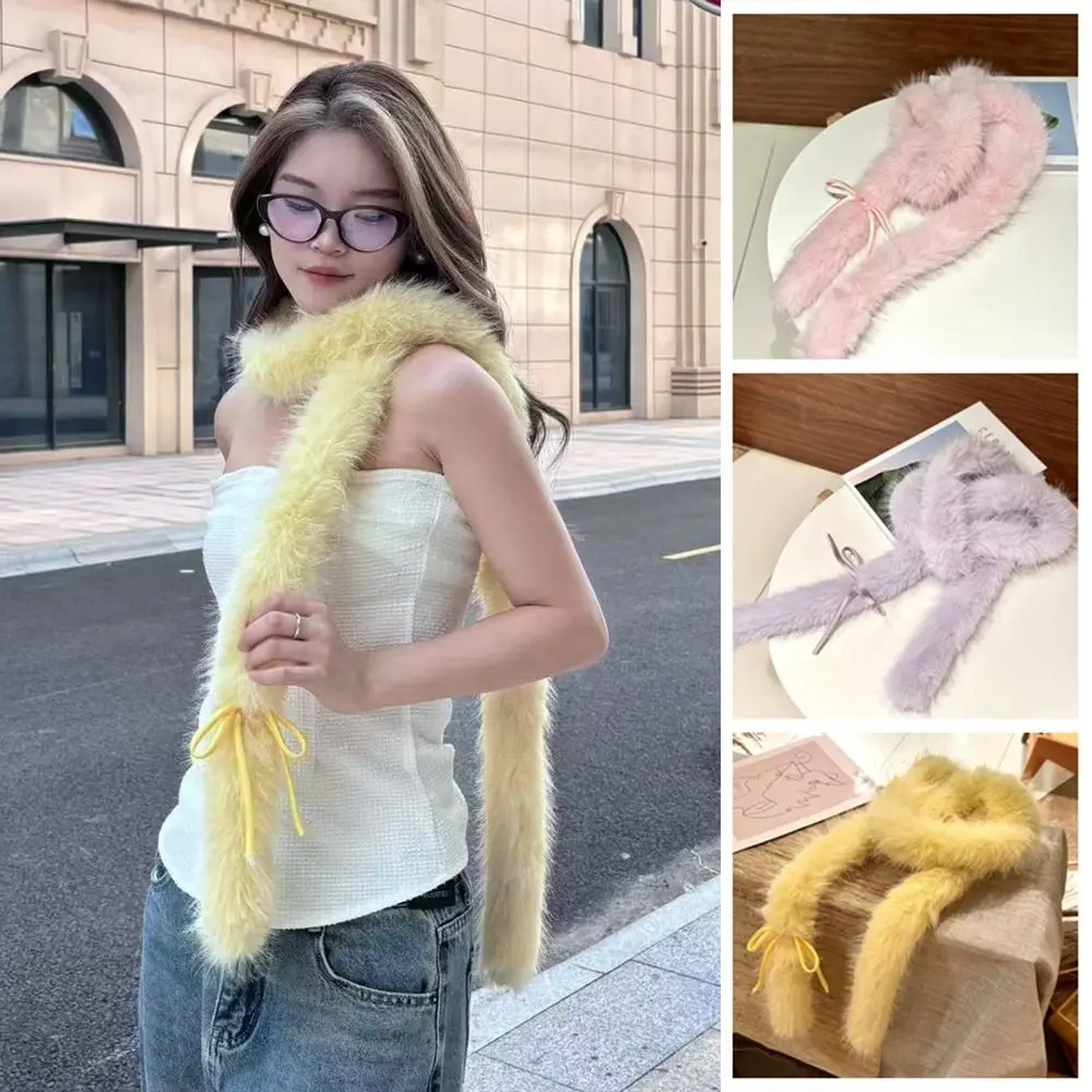 

Fashion Solid Color Y2k Bow Scarf Harajuku Sweet Bowknot Fur Scarf Fluffy Luxury Women Scarf Girls