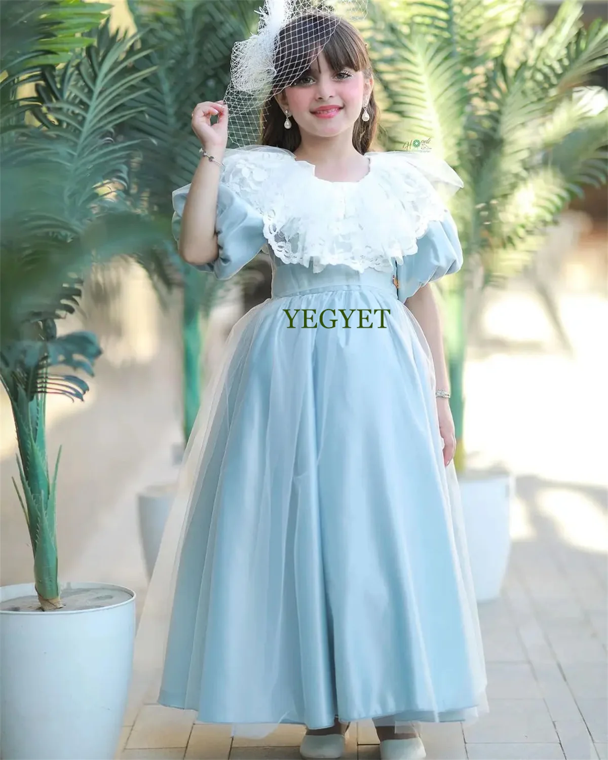 Cust2024 Blue Satin Flower Girl Dress For Wedding Lace Puffy Kid Birthday Party Princess Dress First Communion Ball Gowns