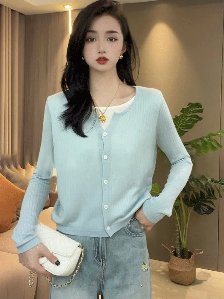 

Тонкий трикотажный топ из ледяного шелка для женщин: модный базовый слой, свободный крой, длинный рукав, укороченная длина, для весны и осени, для повседневной носки