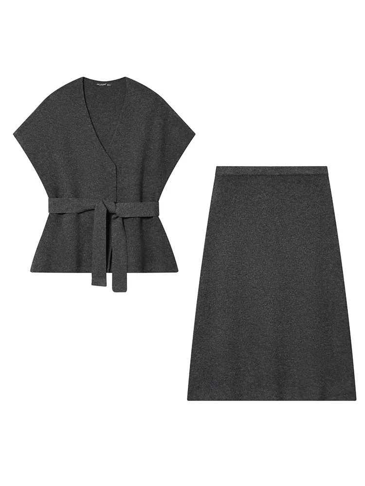 

HH Women's Fashion Versatile Short-Sleeved V-neck Hidden Breasted With Belt Knitted Top+Elastic High-Waisted Jersey Midi Skirt