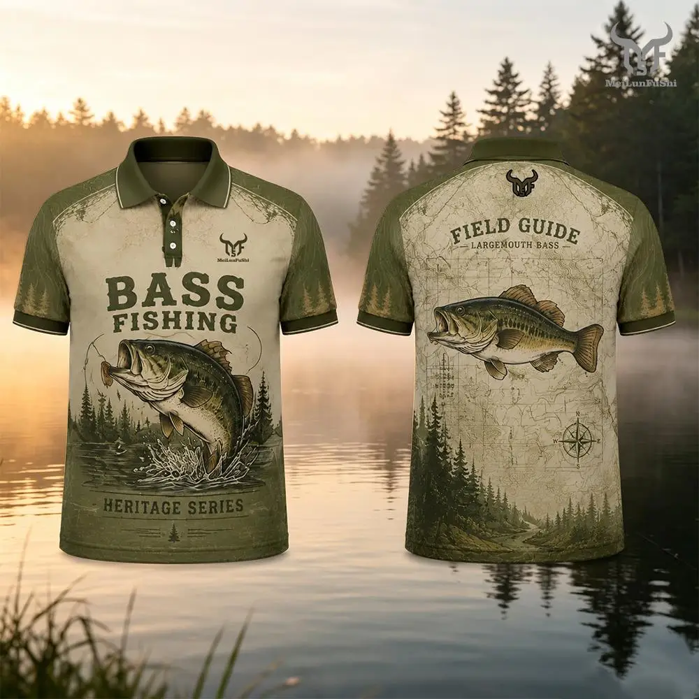 Vintage Bass Fishing Field Guide Polo Shirt Men's Largemouth Bass 3D Printed Outdoor Angling Top Quick Dry Casual Golf Shirt