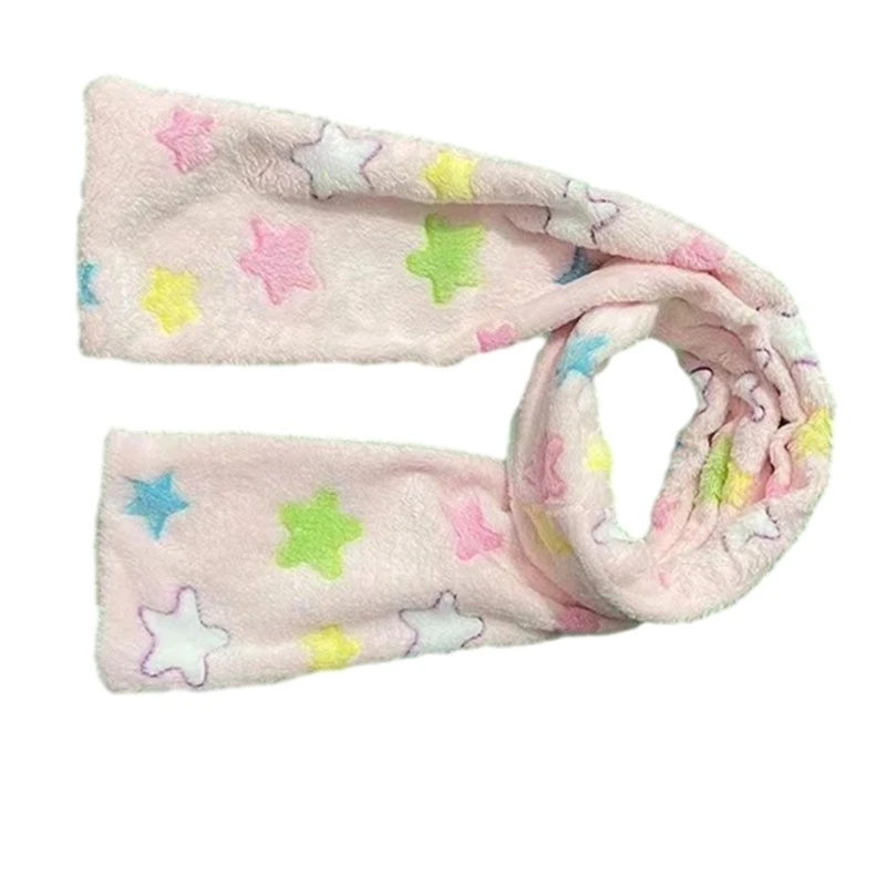 Women Colorful Star Pattern Scarf Winter Soft Thick Plush Long Warm Scarf Y2K Girls Casual Furry Neckerchief for Office School