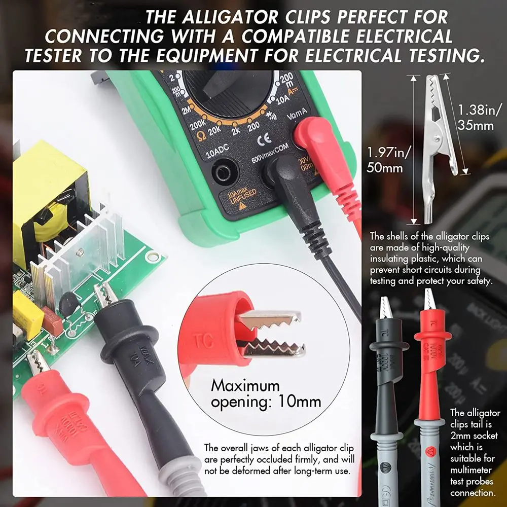 Multimeter Test Lead Kit, Test Lead with Crocodile Clip Stackable Banana Plug Test Hook, Multimeter Probe and Back Probe