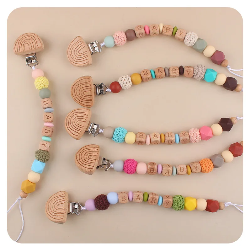 

ABCPICK Handmade DIY Baby Beech Letters Rainbow Pacifier Chains Clips Teething Baby Teether Dummy Holder Gift