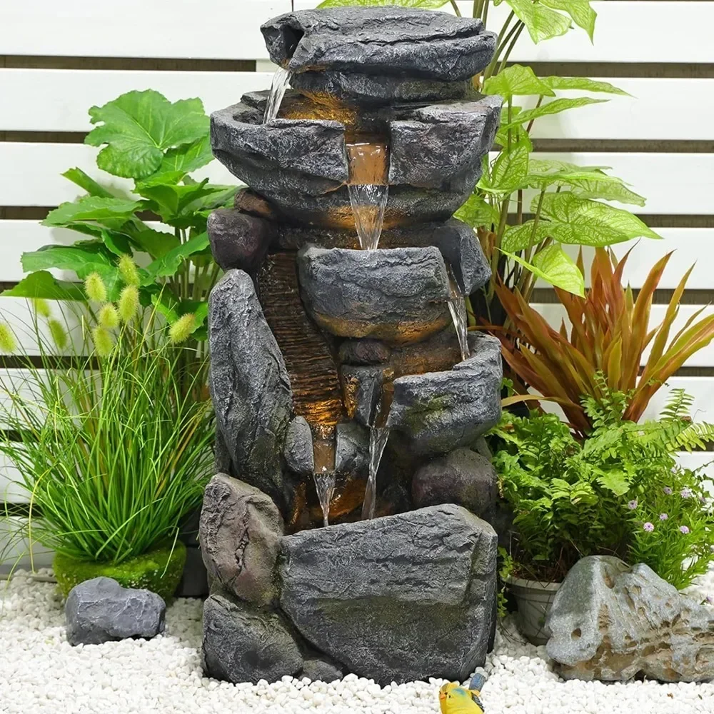 

31.5” Rock Water Fountain Outdoor 6-Tiers Waterfall Fountain Outdoor/Indoor Rainforest Rock Led Lights Mossy Rock Cascading