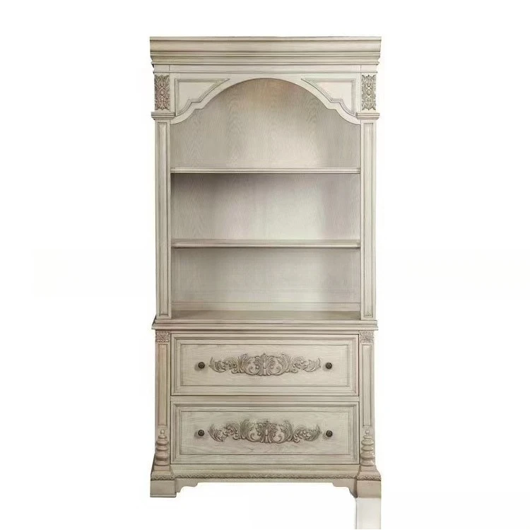 

Американский ретро старый белый деревянный книжный шкаф Европейский резной учебный книжный шкаф из цельного дерева с арочными дверями для хранения