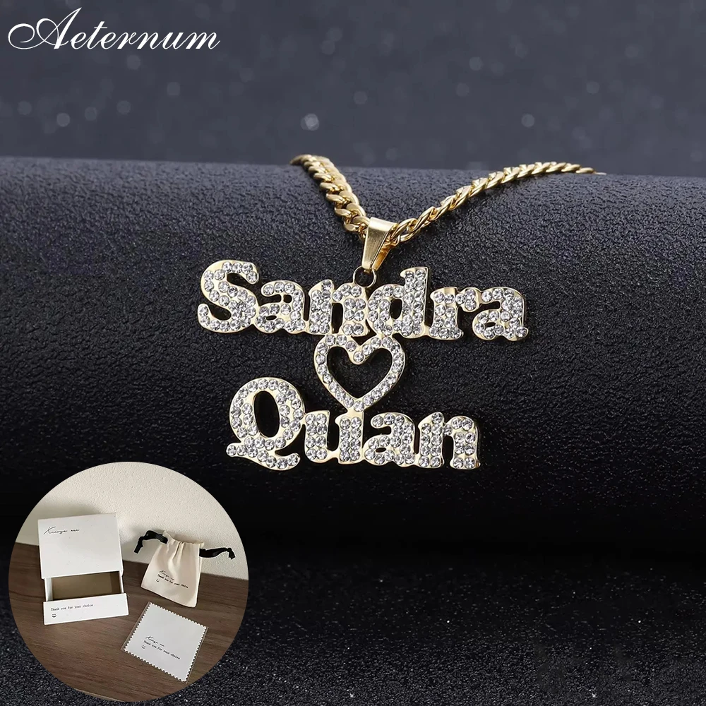 

Персонализированное ожерелье с двумя именами для пары, из нержавеющей стали, с бриллиантами, в форме сердца, подарок