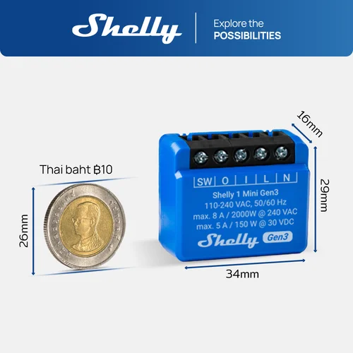 Imagen 2 del producto Shelly 1 Mini Gen3 WiFi interruptor inteligente Matter 8A luces automáticas sistema de riego de puerta de garaje pequeño aparato eléctrico hogar