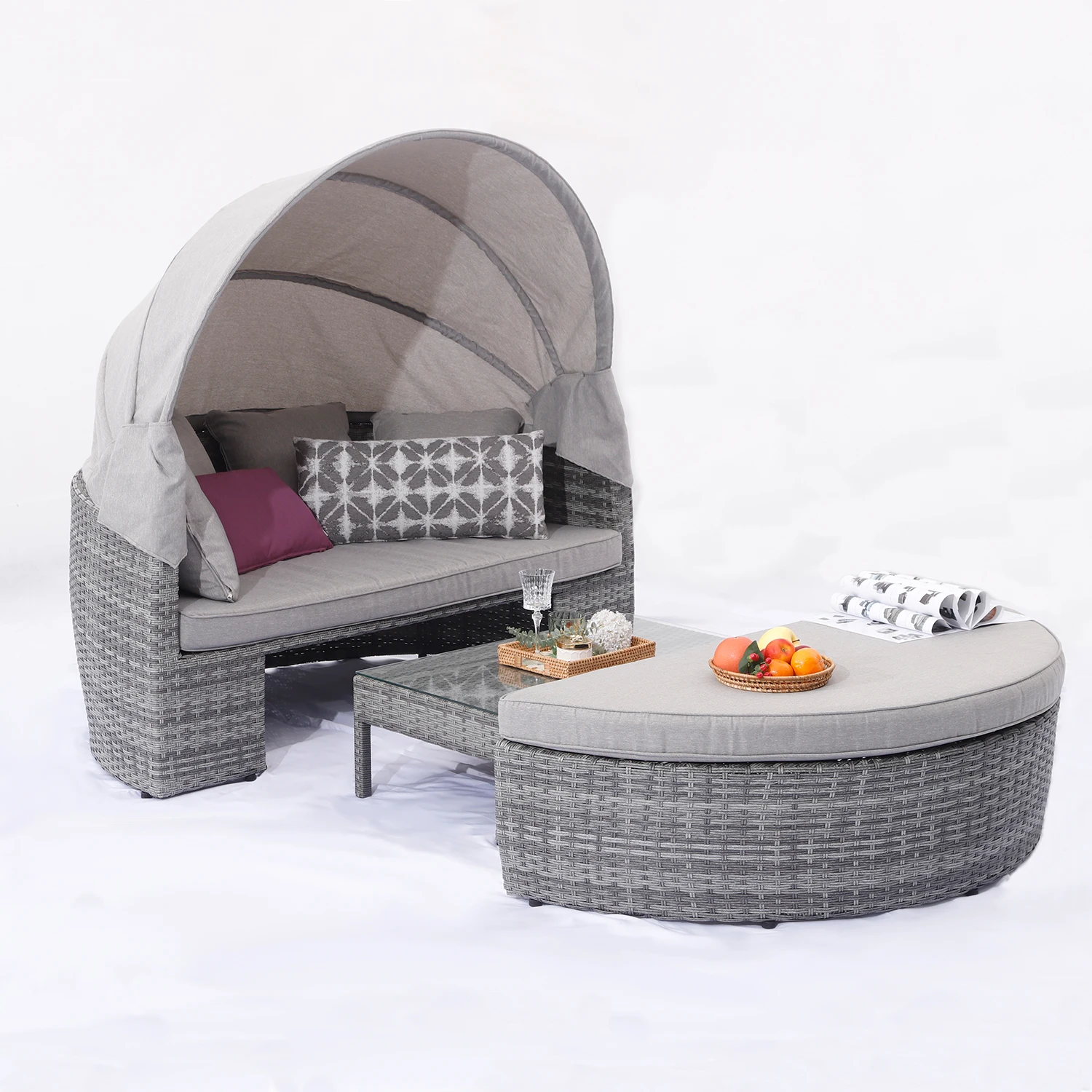 

Outdoor Patio Furniture Garden Round Sunbed Wicker Rattan Day Bed with Canopy