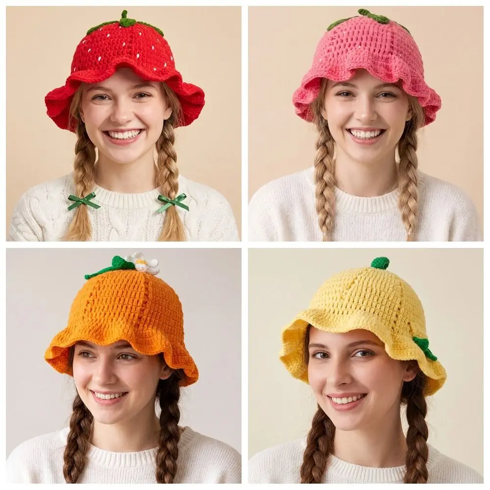 Creative Ruffle Strawberry Knitted Hat orange Stretch Knitted Bucket Hat Thickened Soft Crochet Beanie Cap Streetwear