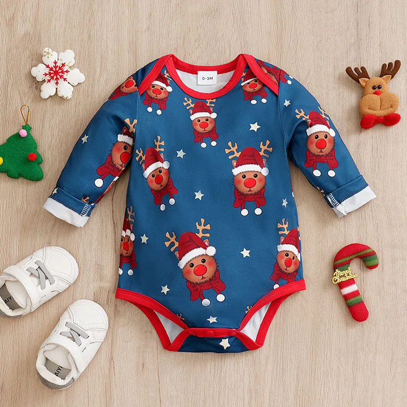 Christmas Reindeer Print Newborn Clothes Soft 0-18 Boys And Girls Spring And Autumn Long Sleeved Baby Triangle Jumpsuit