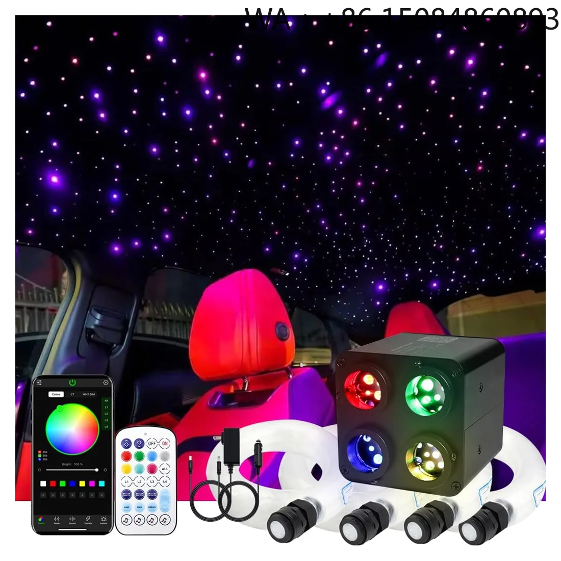 36W 4 Color Twinkle Fiber Optic Starlight Headliner Kit 4 Ports Light Source APP Remote Control Car Home Ceiling Decoration