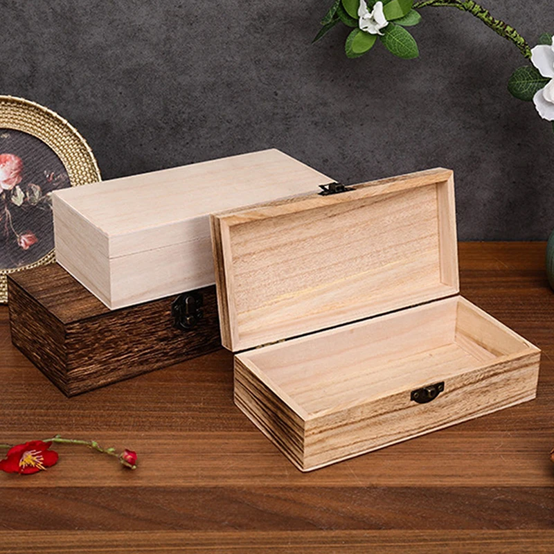 1PCS Rectangular Storage Box Natural Wooden With Lid Vintage Postcard Organizer Handmade Craft Jewelry Case Wooden Box