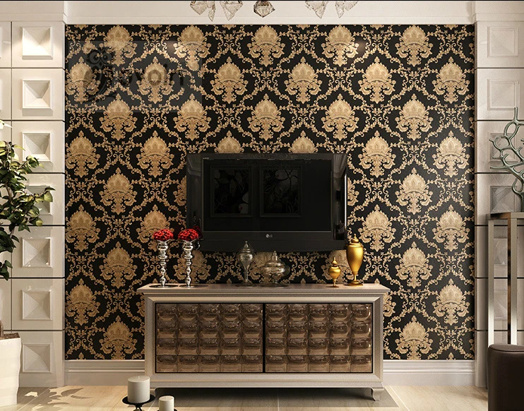 Papel de parede em relevo 3D para decoração, papel de parede metálico damasco, preto e dourado, quarto moderno, alto grau, luxo