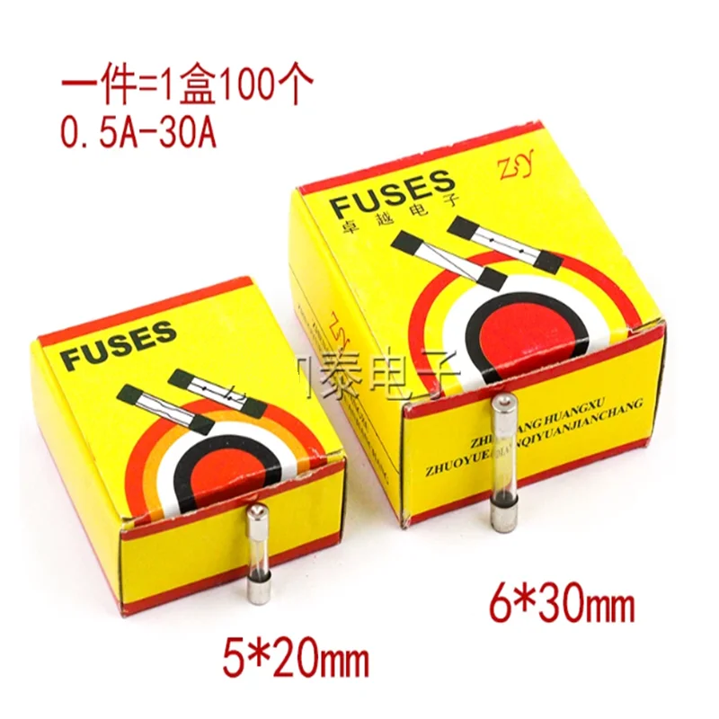 100PCS Glass fuse tube 250V F quick disconnect 5*20mm 6*30mm T slow disconnect 0.5A 1A 2A 3A 4A 8A-30A 100 pcs/box